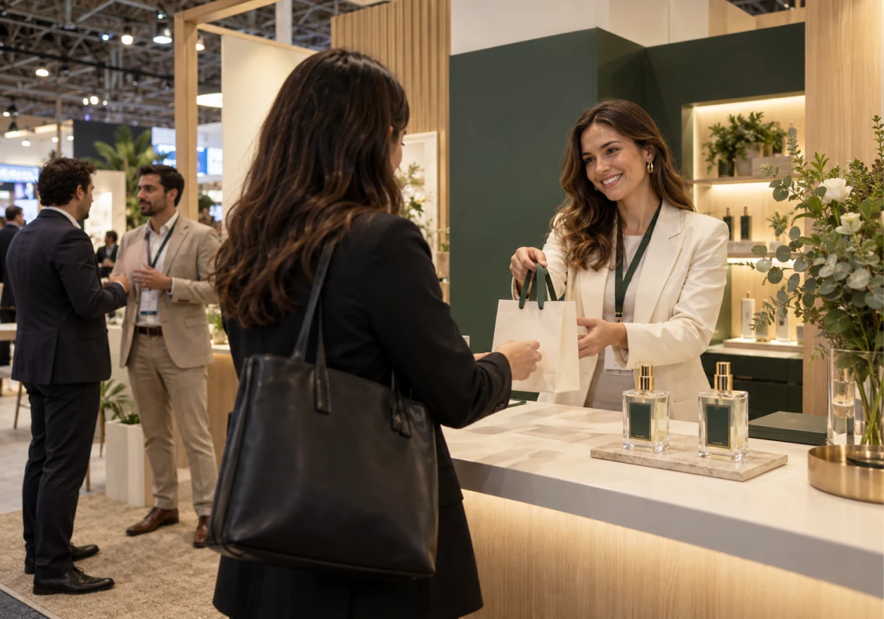 Estande em feira com entrega de brinde aromático