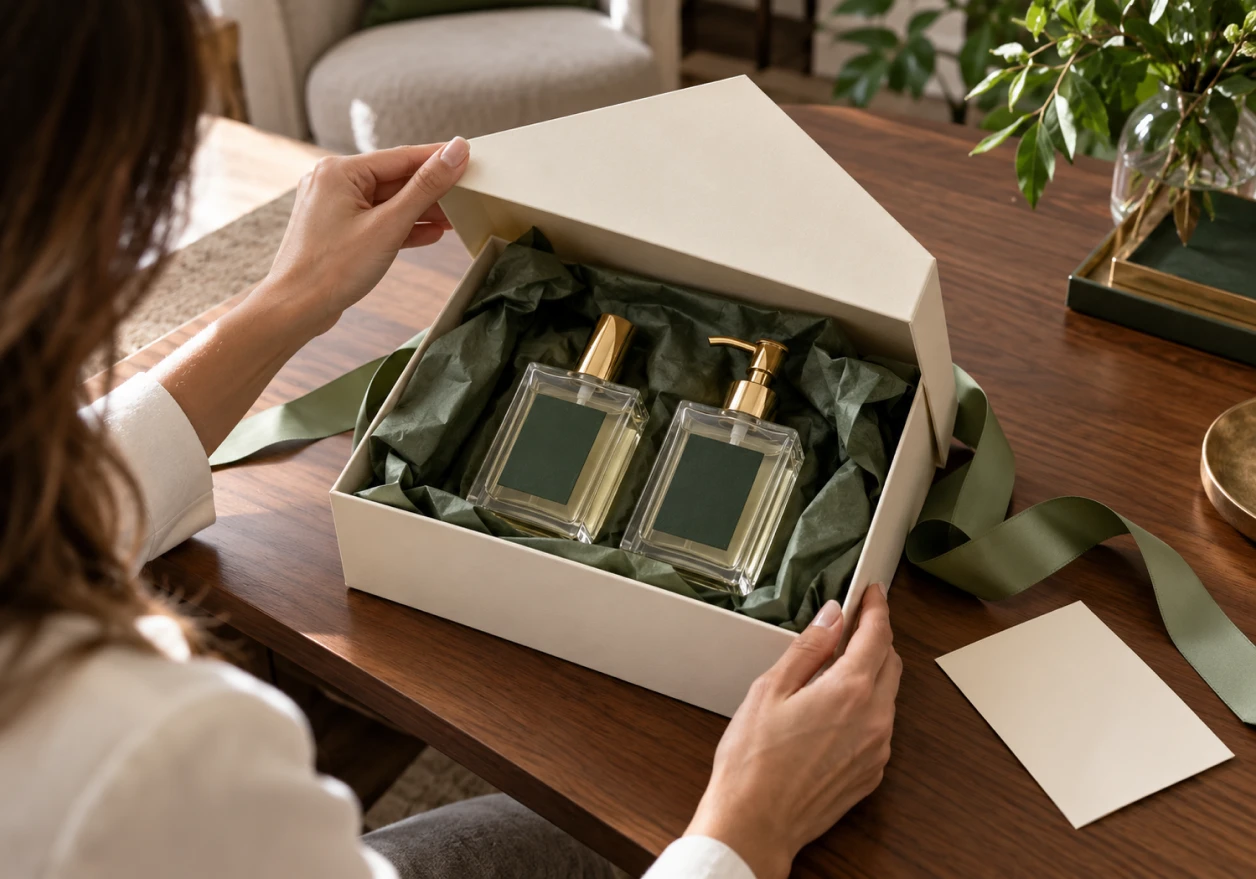 Cliente abrindo caixa de presente com aromatizador e sabonete líquido