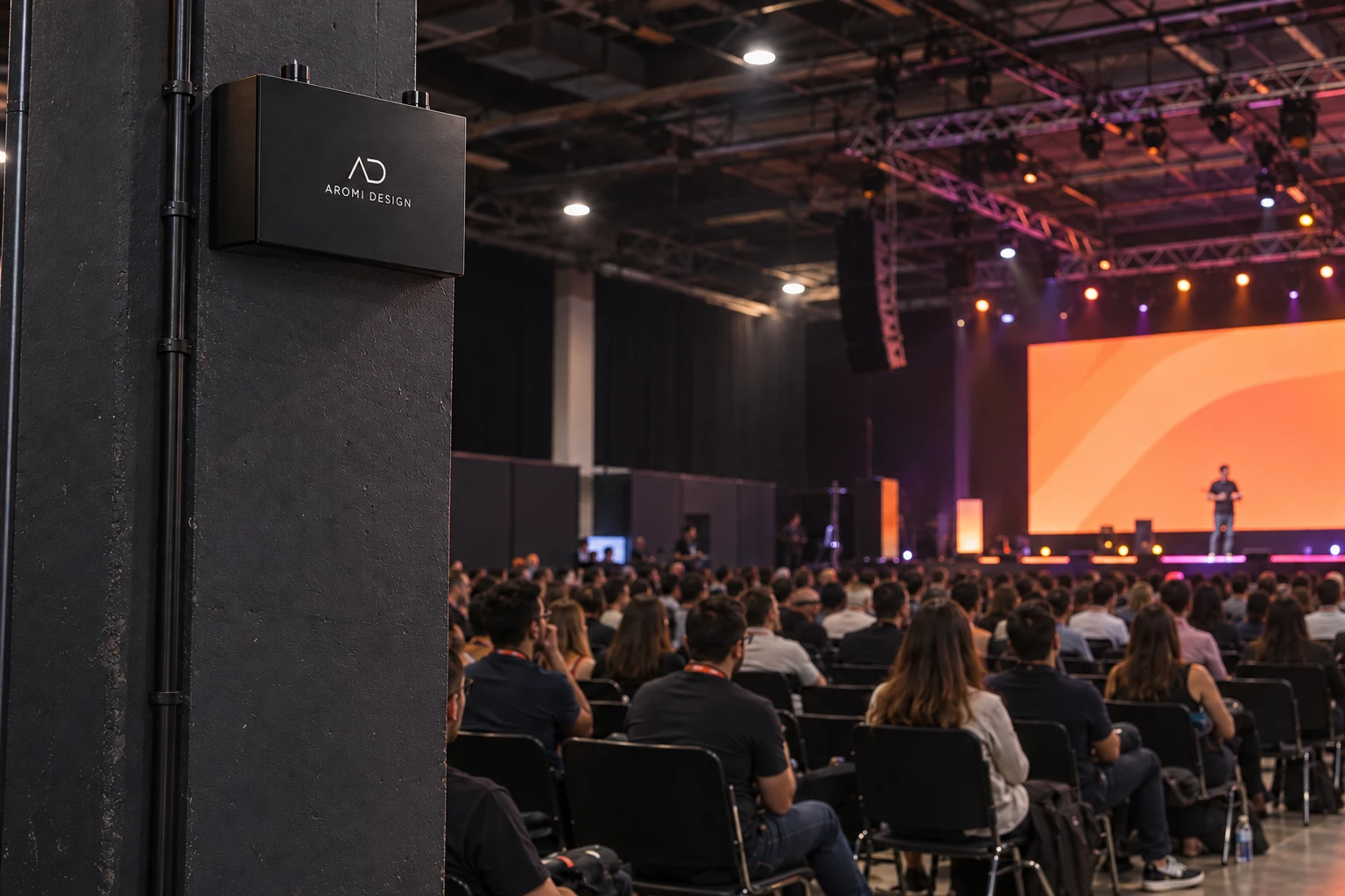 Aparelho Aromi Design preto de dois bicos em auditório de congresso