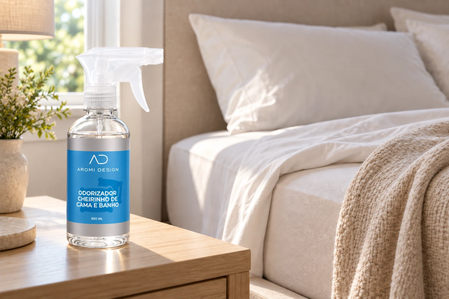 Neutralizador Cama e Banho Aromi Design sobre mesa de cabeceira
